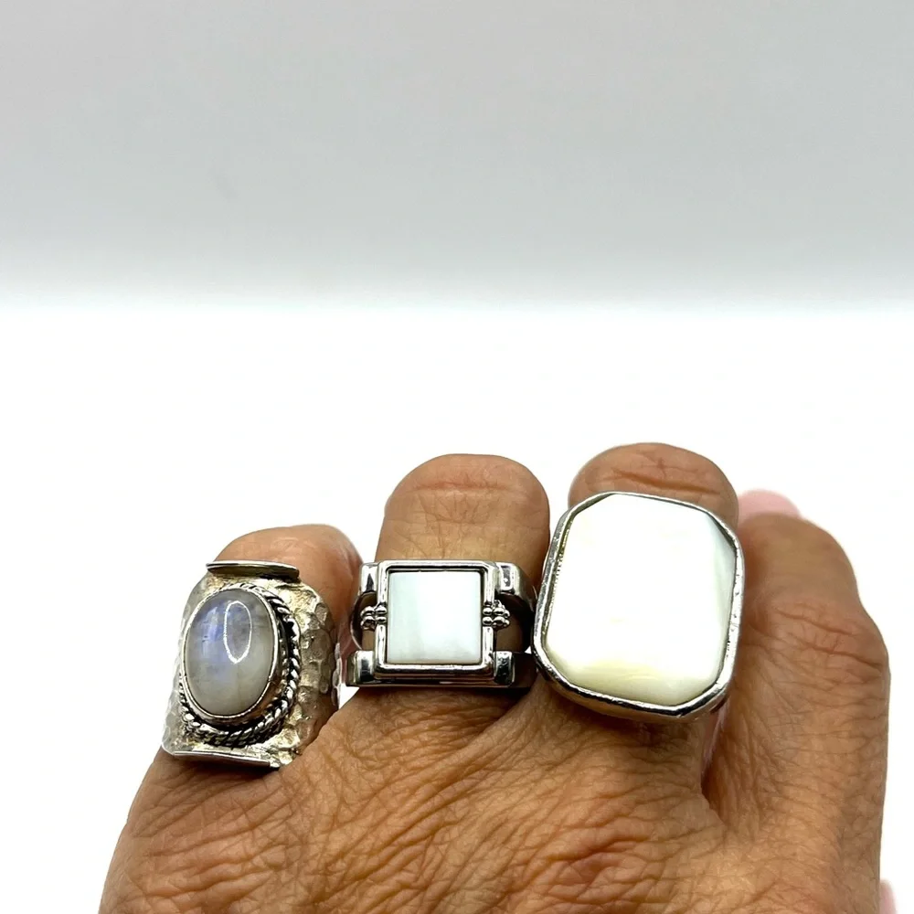 Three Silver Tone Rings with White/Opalescent Stones - Stackable Set